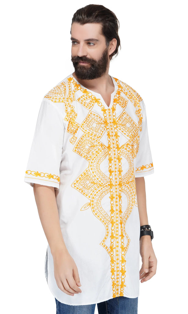 White & Gold Embroidered Shirts For Men