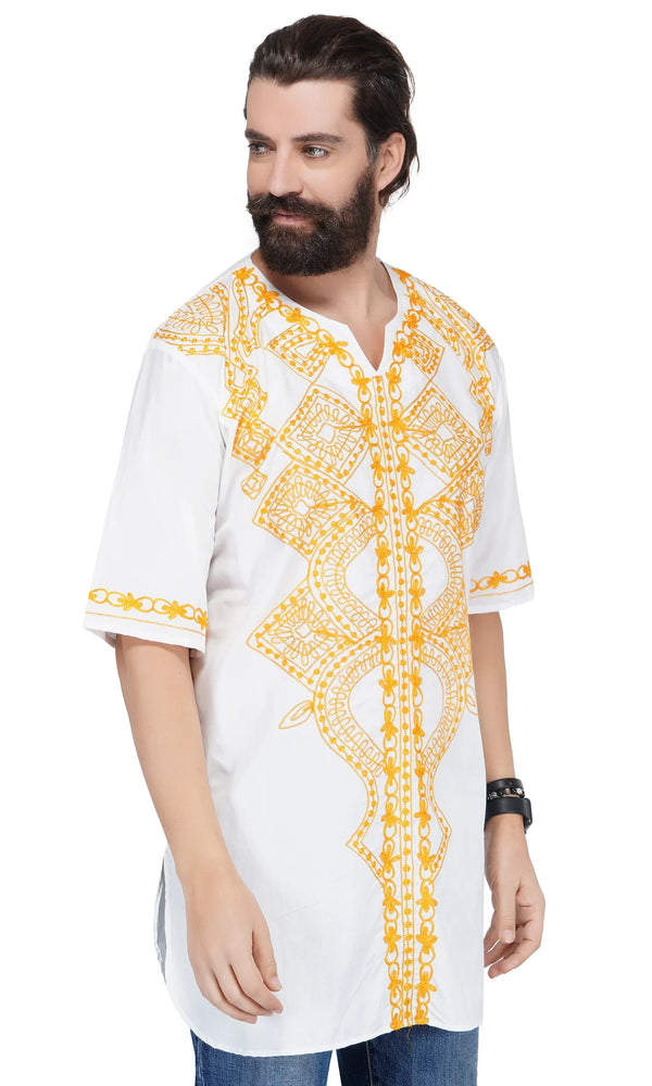 White & Gold Embroidered Shirts For Men