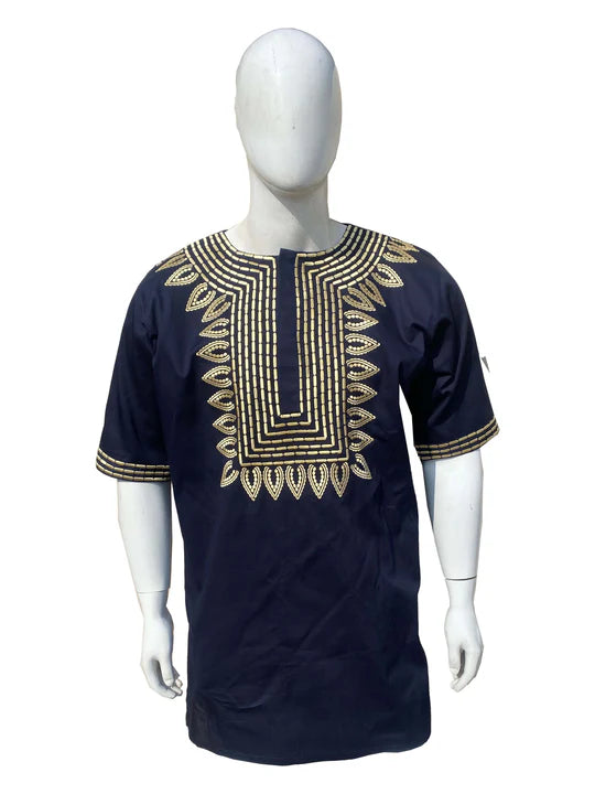 Navy Blue Gold Embroidered T'Challa Short Sleeves Shirt