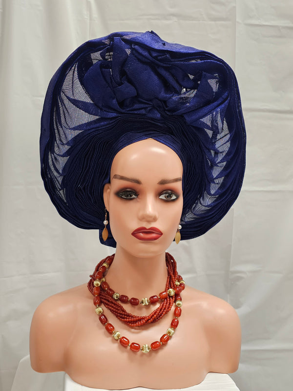 Elegant Royal Blue African Auto Gele Ready-Made Headtie