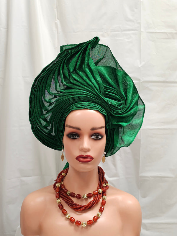 Green  Elegant African Auto Gele Ready-Made Headtie