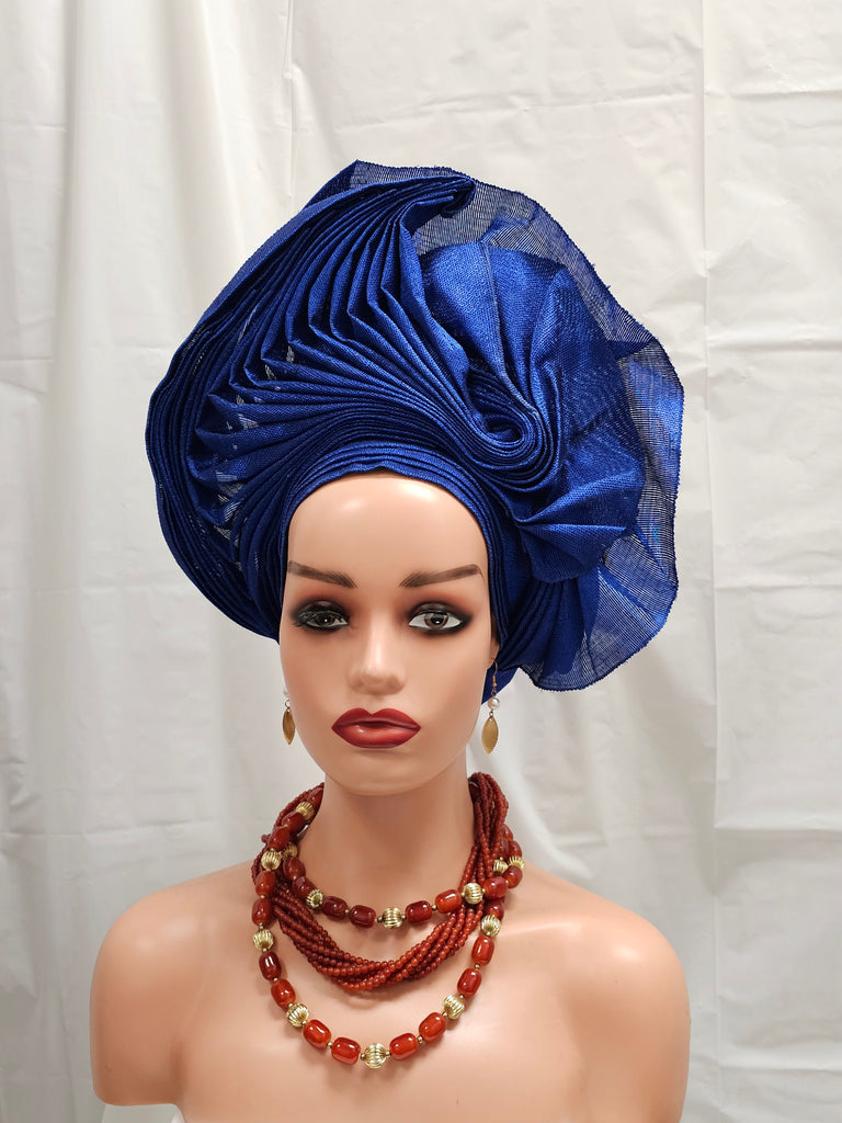 Elegant Royal Blue African Auto Gele Ready-Made Headtie