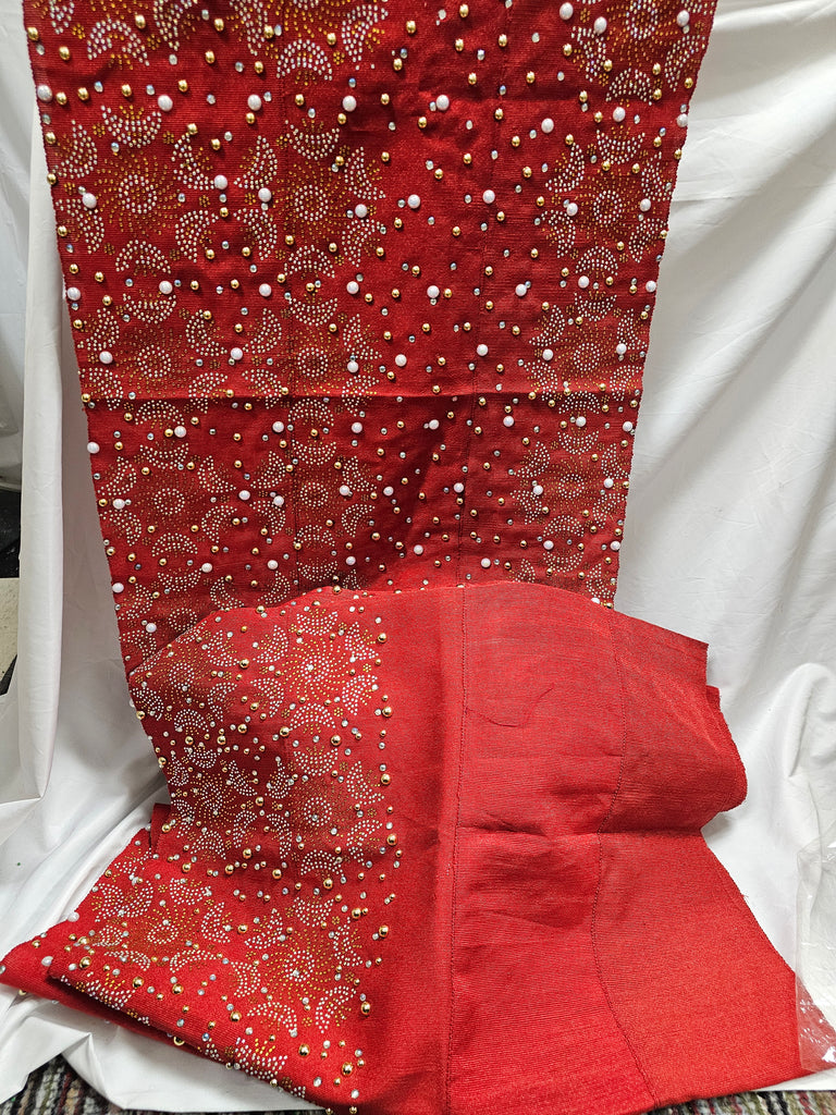 Red  Bridal Aso Oke Headtie with Shoulder Shawl set