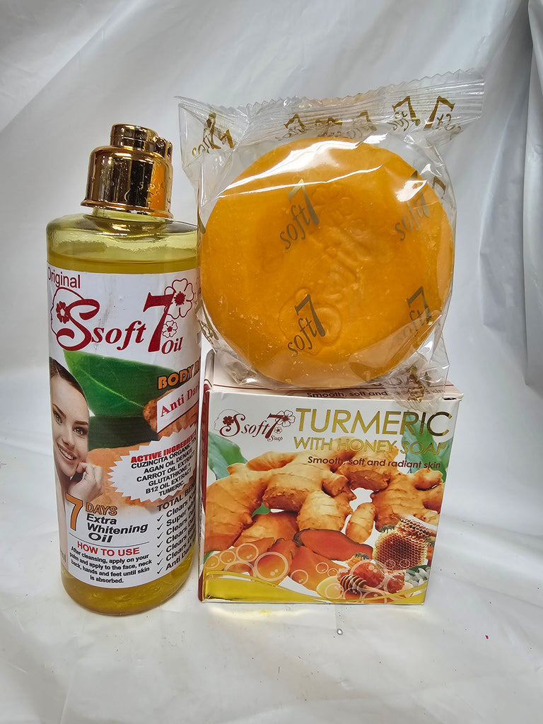 Soft 7 Turmeric Whitening & Glowing Oil With Honey Body Repair. 250ml & Soap