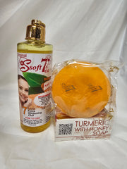 Soft 7 Turmeric Whitening & Glowing Oil With Honey Body Repair. 250ml & Soap