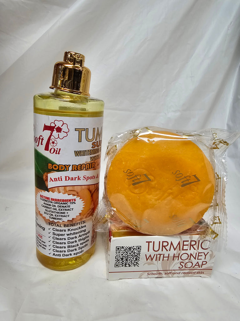 Soft 7 Turmeric Whitening & Glowing Oil With Honey Body Repair. 250ml & Soap