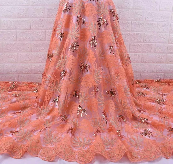 Beautiful  Peach African Sequin Lace Fabric French Lace