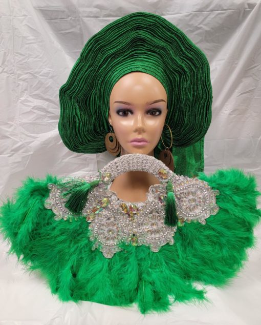 Green Nigerian Traditional wedding Bridal feather hand fan