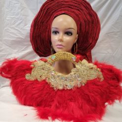 Red Nigerian Traditional wedding Bridal feather hand fan