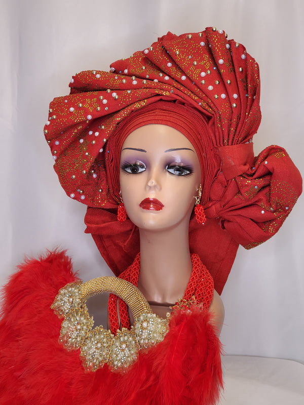 BEAUTIFUL RED ASO OKE HEADTIE READYMADE