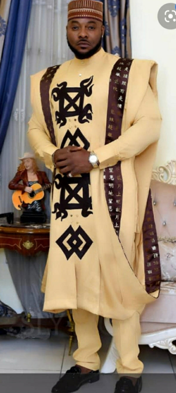3 PICS COMPLETE SET AGBADA OUT FIT MEN TRADITIONAL AFRICAN CLOTHING + CAP