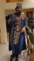 AFRICAN MEN AGBADA EMBROIDERY DANSKI MEN TRADITIONAL OUTFIT + CAP
