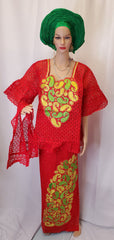 CLASSIC HIGH QUALITY RED READY-MADE BLOUSE WITH WRAPPER FULLY STONES SENEGALESE