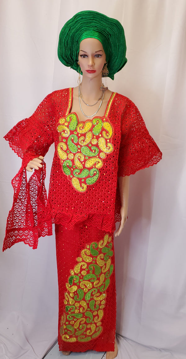 CLASSIC HIGH QUALITY RED READY-MADE BLOUSE WITH WRAPPER FULLY STONES SENEGALESE