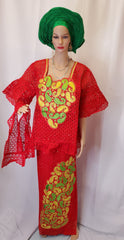 CLASSIC HIGH QUALITY RED READY-MADE BLOUSE WITH WRAPPER FULLY STONES SENEGALESE
