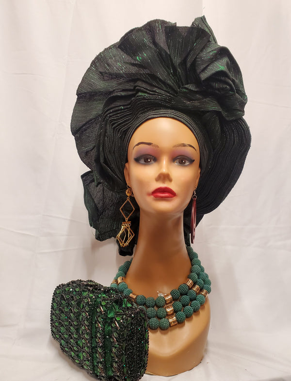 GREEN/ BLACK BEAUTIFUL ASO OKE READY-MADE HEADTIE