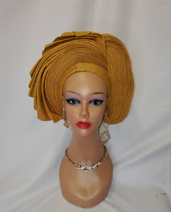 Lovely gold ready-made headtie aso oke