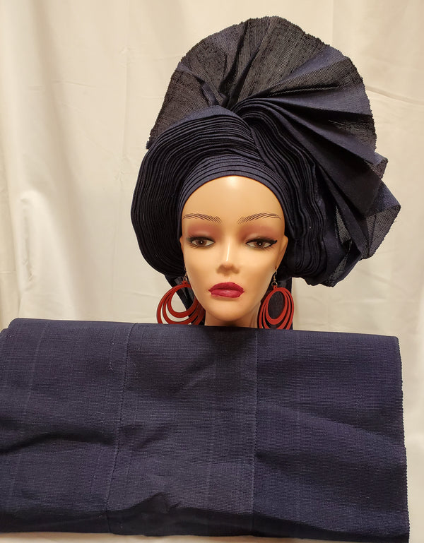 NAVY BLUE READY-MADE HEADTIE WITH SHOULDER SHAWL ASO OKE
