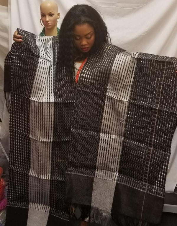 BLACK AND SILVER ASO OKE HEADTIE AND SHOLDER SHAWL
