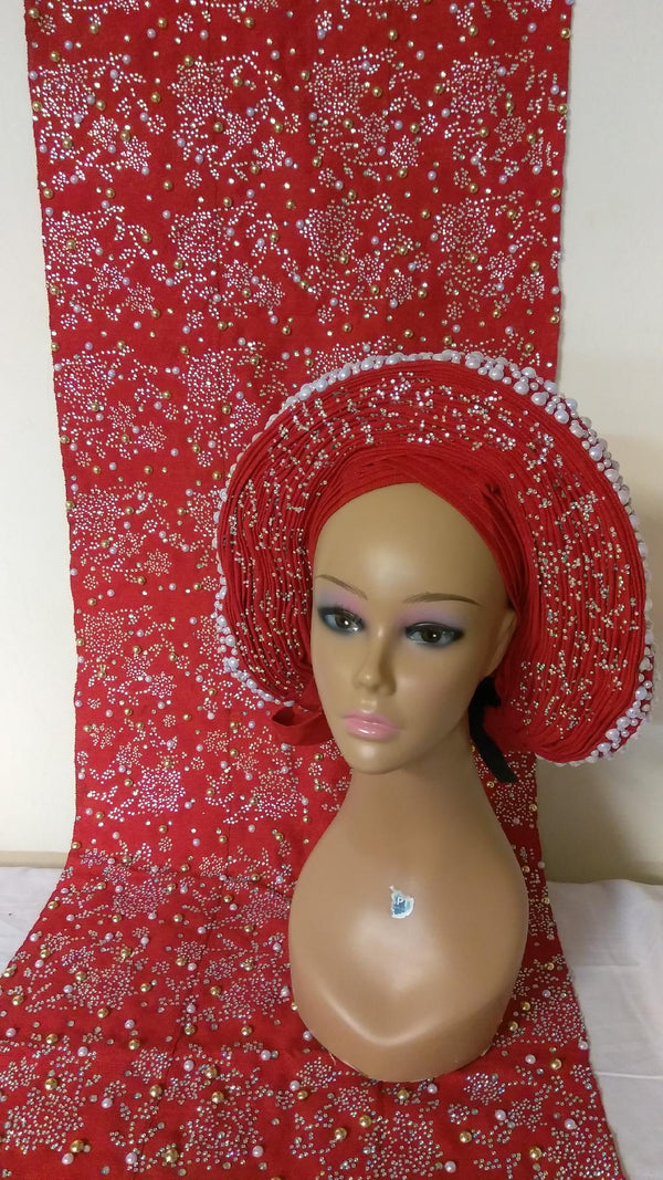 RED HEADTIE WITH SHOULDER SHAWL - Ladybee Swiss Lace