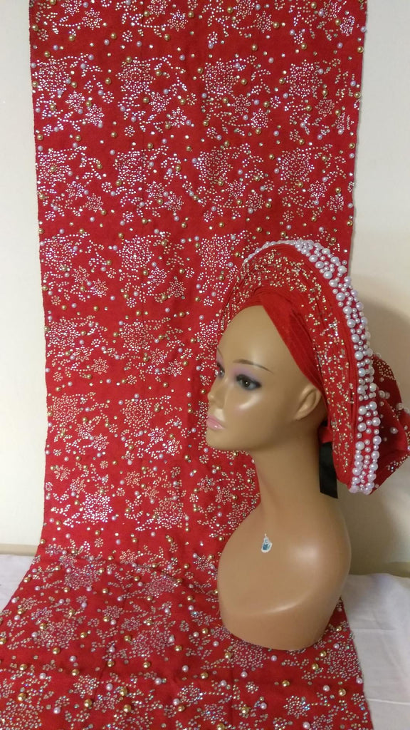 RED HEADTIE WITH SHOULDER SHAWL - Ladybee Swiss Lace