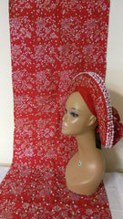 RED HEADTIE WITH SHOULDER SHAWL - Ladybee Swiss Lace