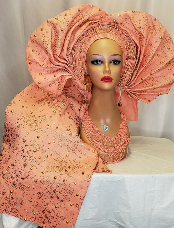 BEAUTIFUL PEACH HEADTIE WITH SHOULDER SHAWL  SET READY-MADE