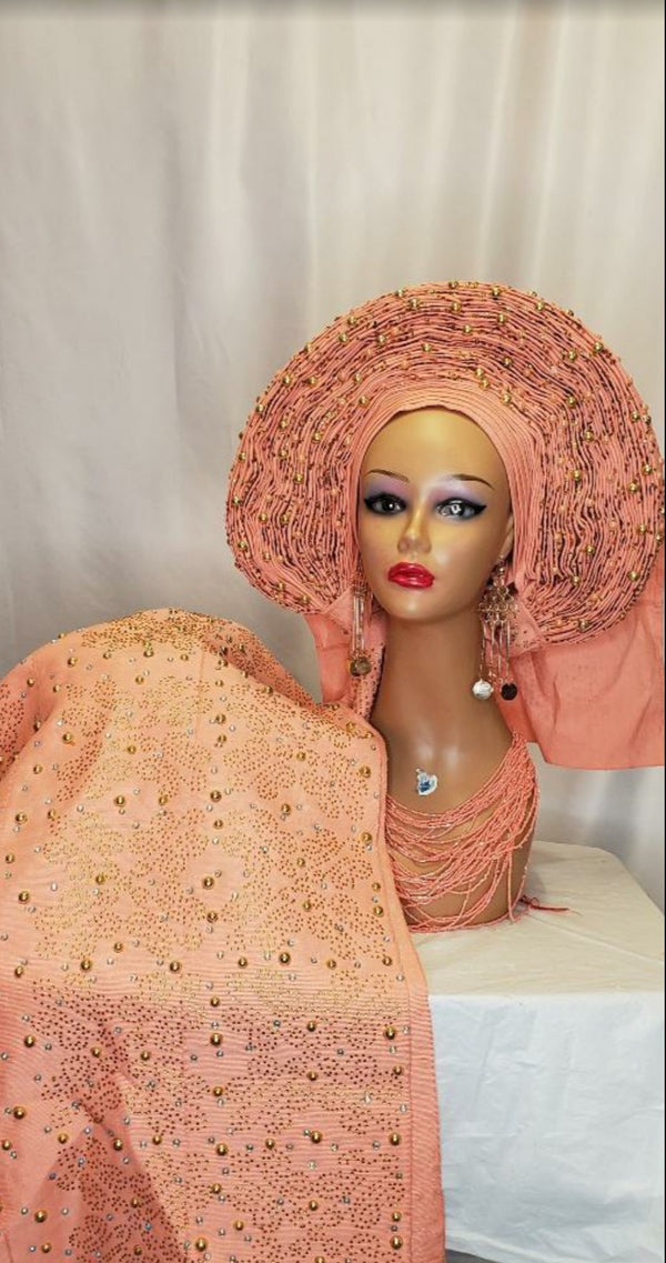 PEACH HEADTIE WITH SHOULDER SHAWL READY-MADE HIGH QUALITY ASO OKE