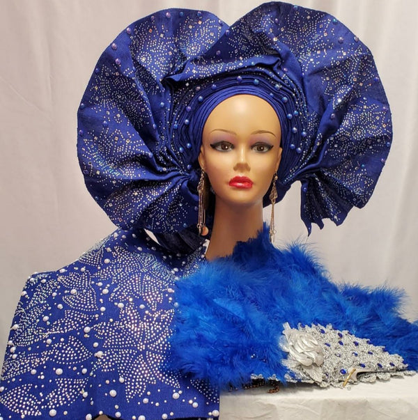 CLASSIC ROYAL BLUE HEADTIE WITH SHOULDER SHAWL READY-MADE ASO OKE