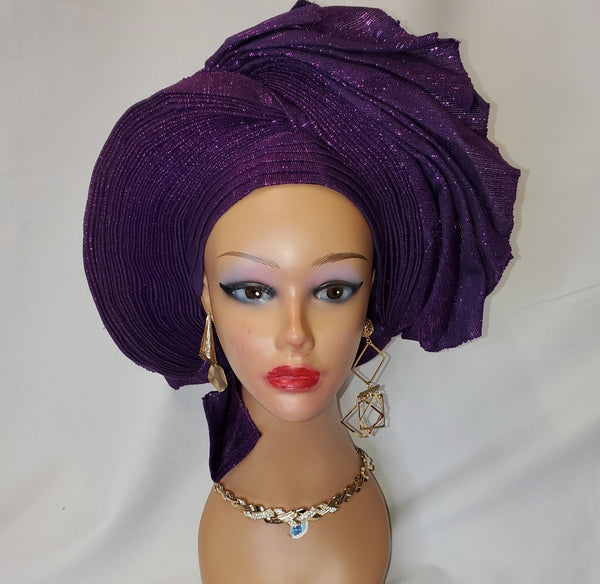 Plain purple with side design ready-made headtie aso oke
