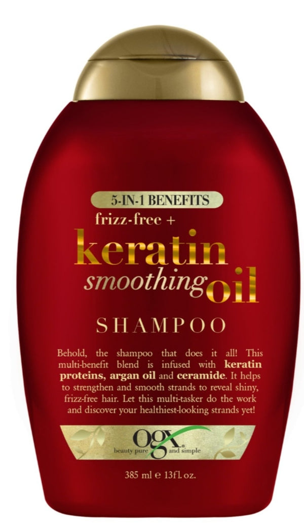 OGX Frizz-Free + Keratin Smoothing Oil Shampoo, 5 in 1, for Frizzy Hair, Shiny Hair, 13 fl. oz
