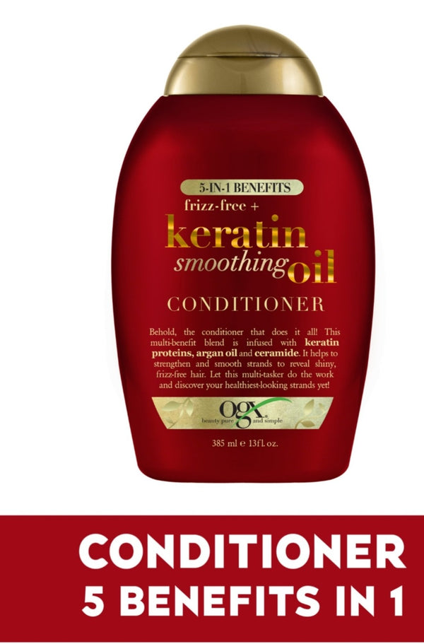 OGX Frizz-Free + Keratin Smoothing Oil Conditioner, 5 in 1, for Frizzy Hair, Shiny Hair, 13 fl 