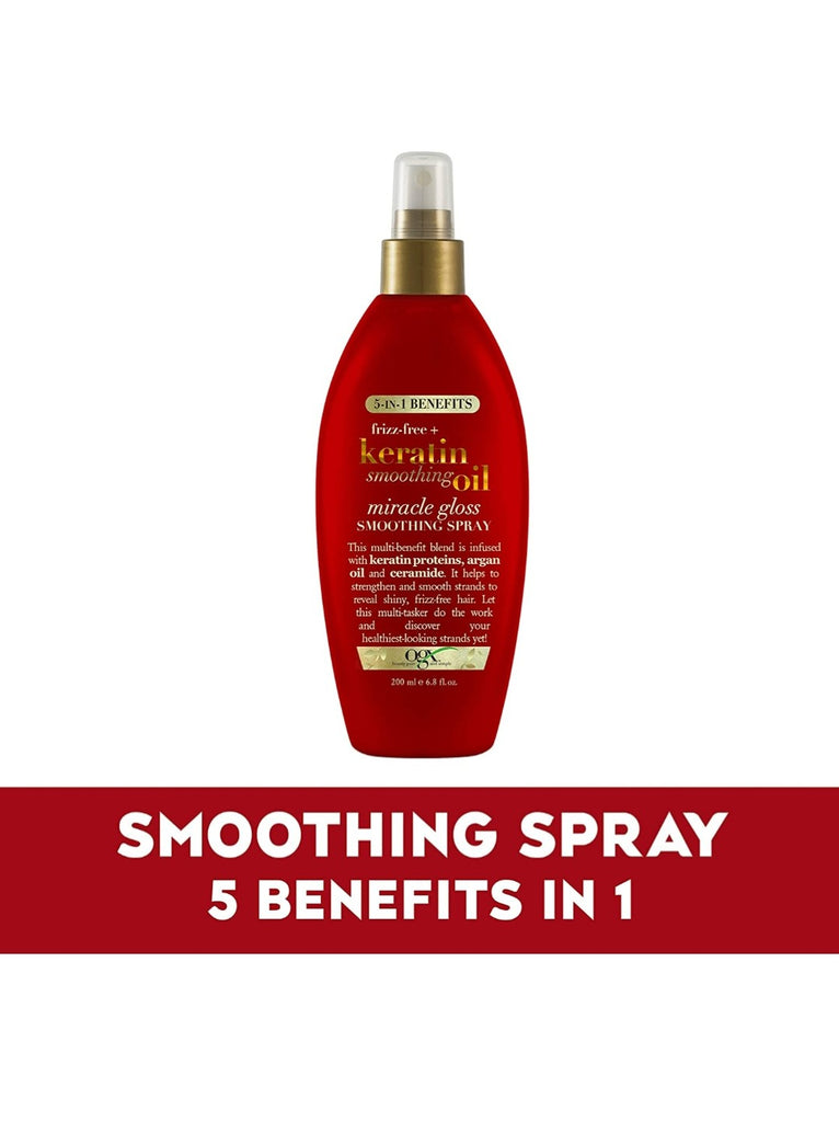 Frizz-Free + Keratin Smoothing Oil Miracle Gloss Spray, 5 in 1, De-frizz Hair, Shiny Hair, Keratin, Argan Oil