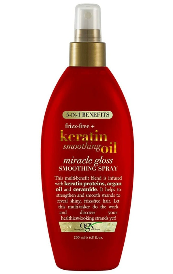 Frizz-Free + Keratin Smoothing Oil Miracle Gloss Spray, 5 in 1, De-frizz Hair, Shiny Hair, Keratin, Argan Oil