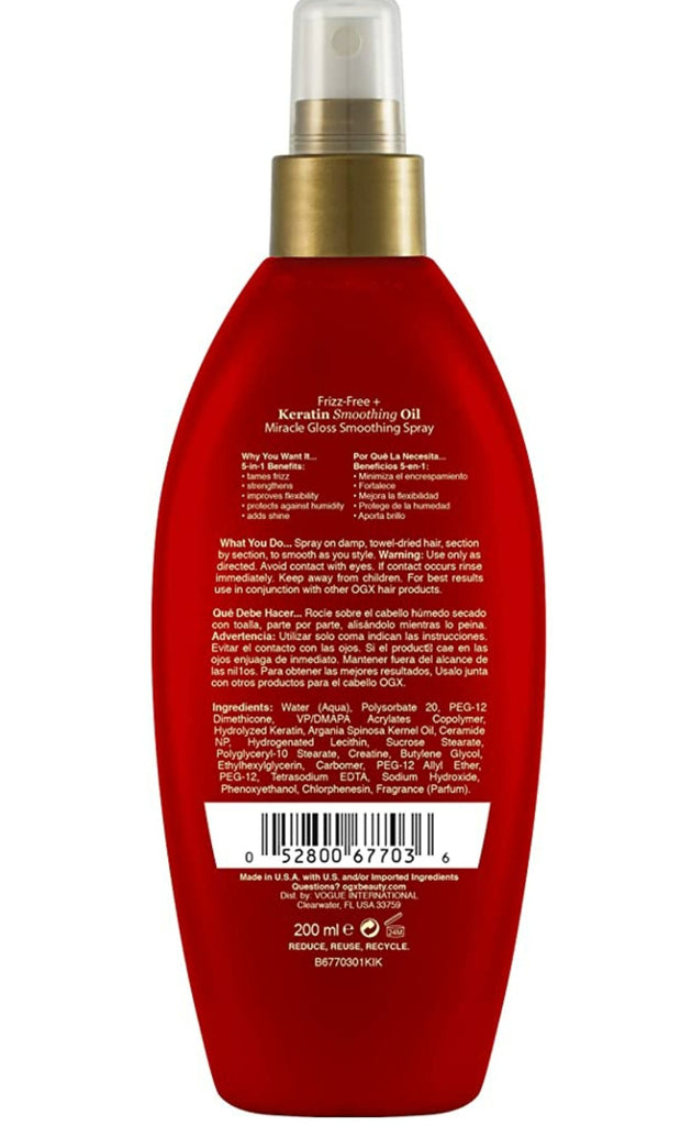 Frizz-Free + Keratin Smoothing Oil Miracle Gloss Spray, 5 in 1, De-frizz Hair, Shiny Hair, Keratin, Argan Oil