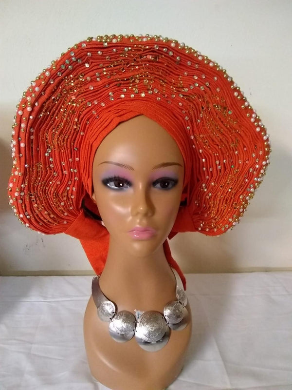 Orange Auto Gele  Aso Oke headgear - Ladybee Swiss Lace