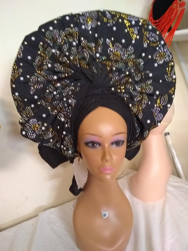 BLACK AUTO GELE HEADTIE - Ladybee Swiss Lace