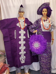 NIGERIA/AFRICAN  TRADITIONAL BRIDAL COMPLETE SET  PURPLE OUTFIT WITH AGBADA +CAP