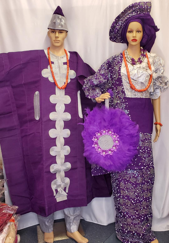 NIGERIA/AFRICAN  TRADITIONAL BRIDAL COMPLETE SET  PURPLE OUTFIT WITH AGBADA +CAP