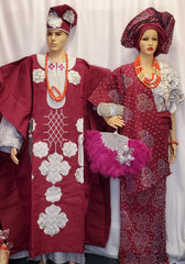 MAGENTA WITH SILVER ASO OKE  FOR BRIDAL / CELEBRANT COMPLETE OUTFIT WITH AGBADA SET