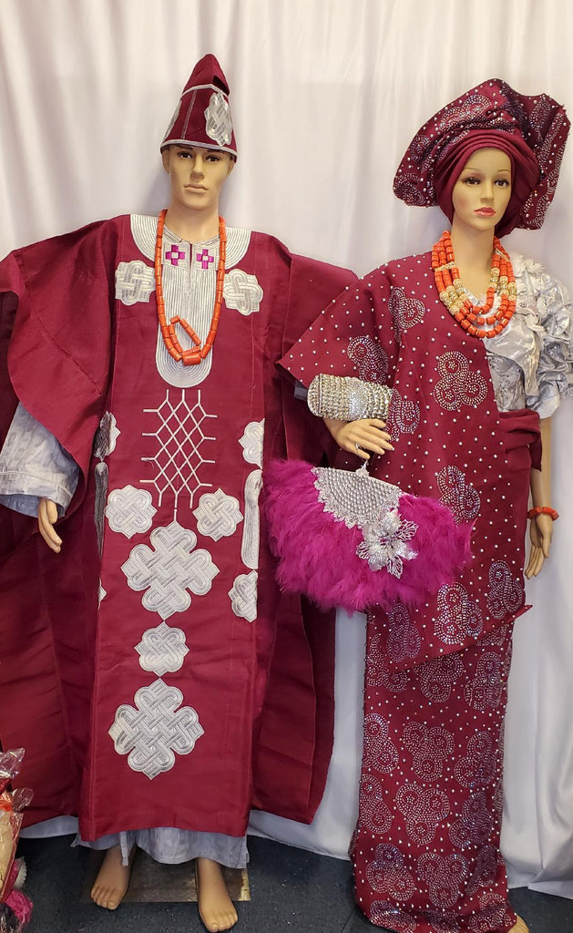 MAGENTA WITH SILVER ASO OKE  FOR BRIDAL / CELEBRANT COMPLETE OUTFIT WITH AGBADA SET