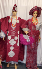 MAGENTA WITH SILVER ASO OKE  FOR BRIDAL / CELEBRANT COMPLETE OUTFIT WITH AGBADA SET
