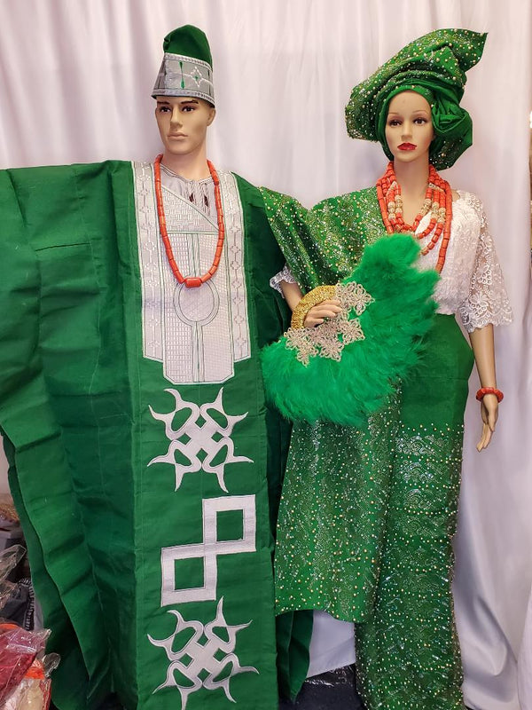 AFRICAN TRADITIONAL COMPLETE GREEN  BEAUTIFUL BRIDAL  OUTFIT SET WITH MEN AGBADA+ CAP