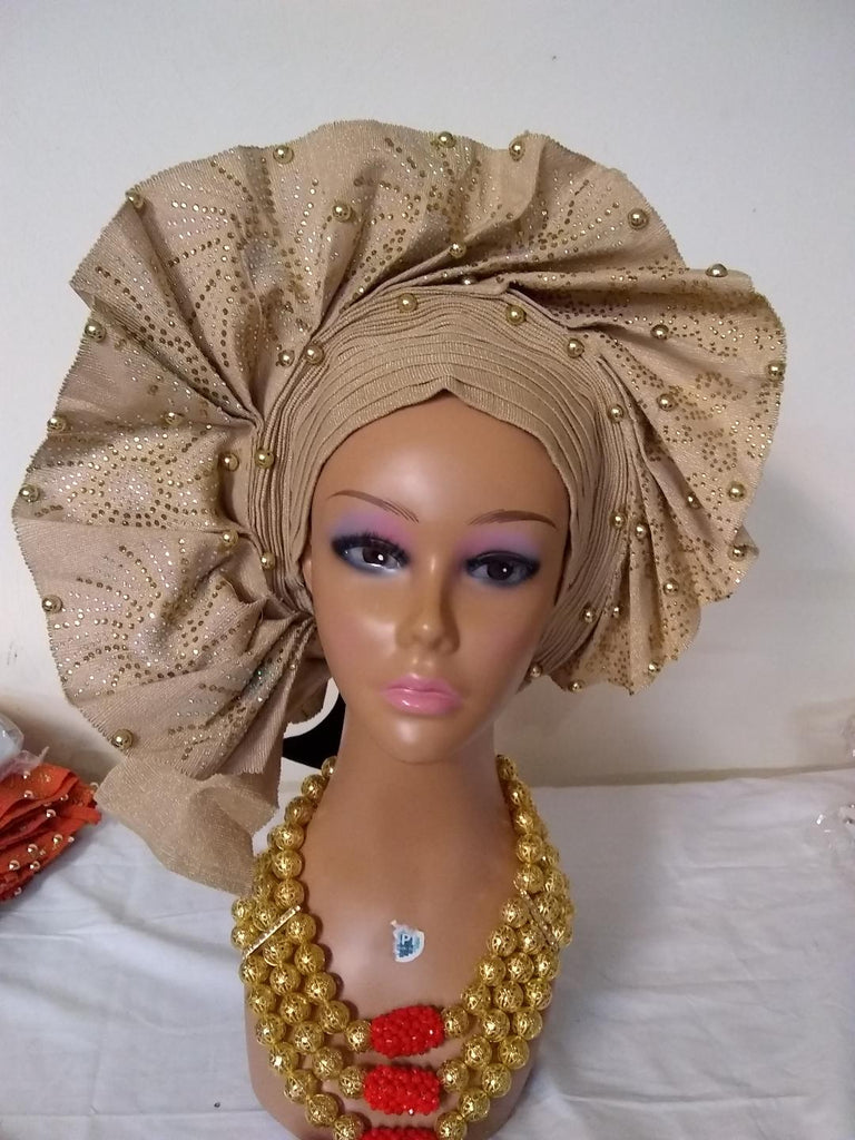 GOLD AUTO GELE HEAD TIE - Ladybee Swiss Lace