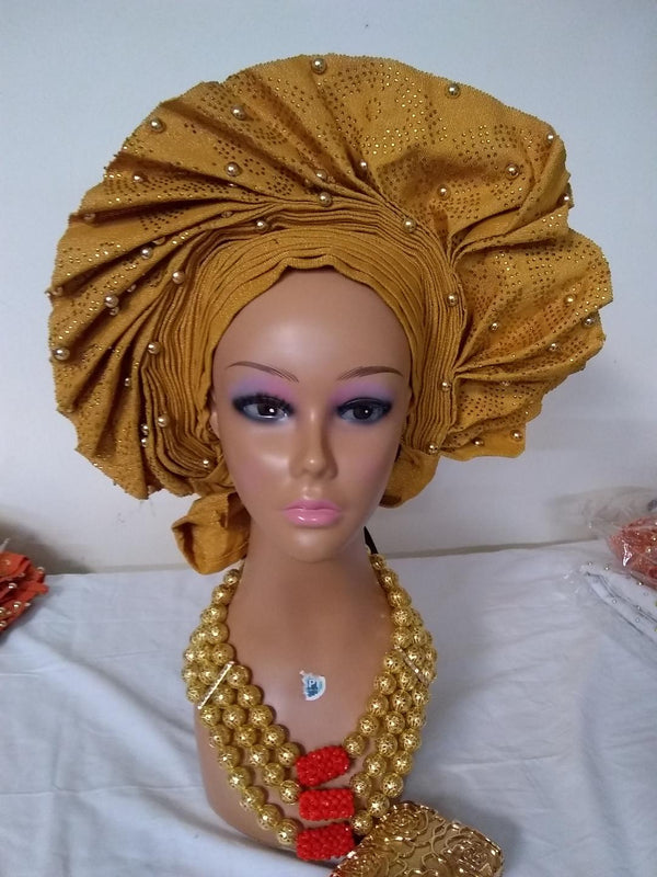 OWANBE GOLD ALREDY MADE HEADTIE - Ladybee Swiss Lace