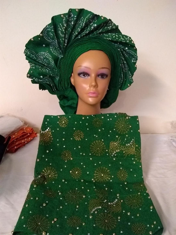LOVELY GREEN HEAD TIE  WITH SHOULDER SHAWL - Ladybee Swiss Lace