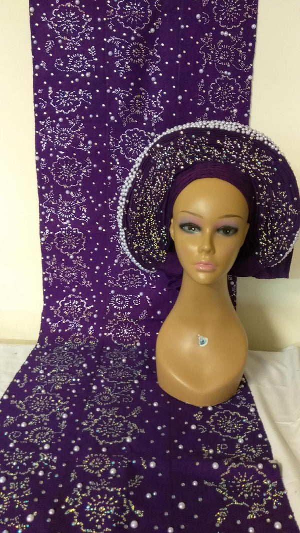 ELEGANT FULLY STONE PURPLE COMPLETE HEADTIE WITH SHOULDER SHAWL - Ladybee Swiss Lace