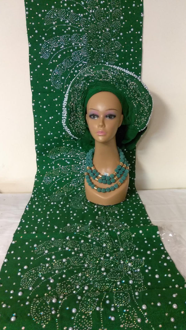 GREEN HEADTIE WITH SHOLDER SHAWL AUTO GELE - Ladybee Swiss Lace