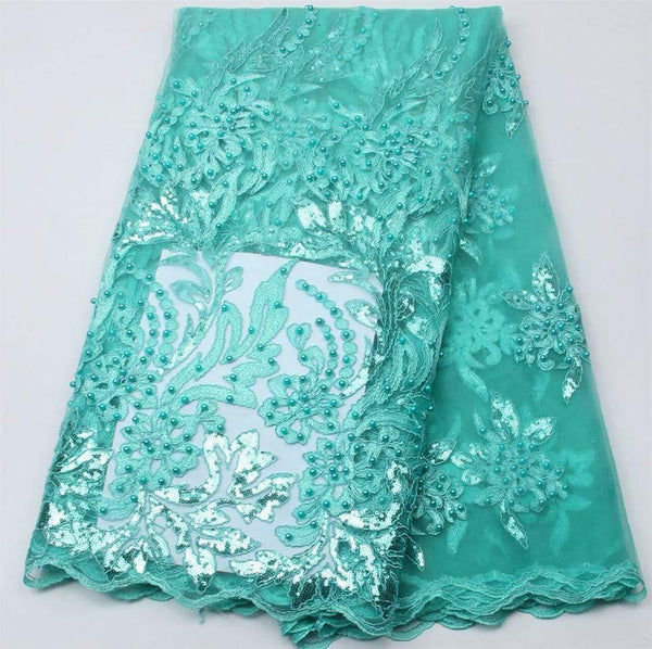 Beautiful Beaded Blue Net Lace Fabric - Ladybee Swiss Lace