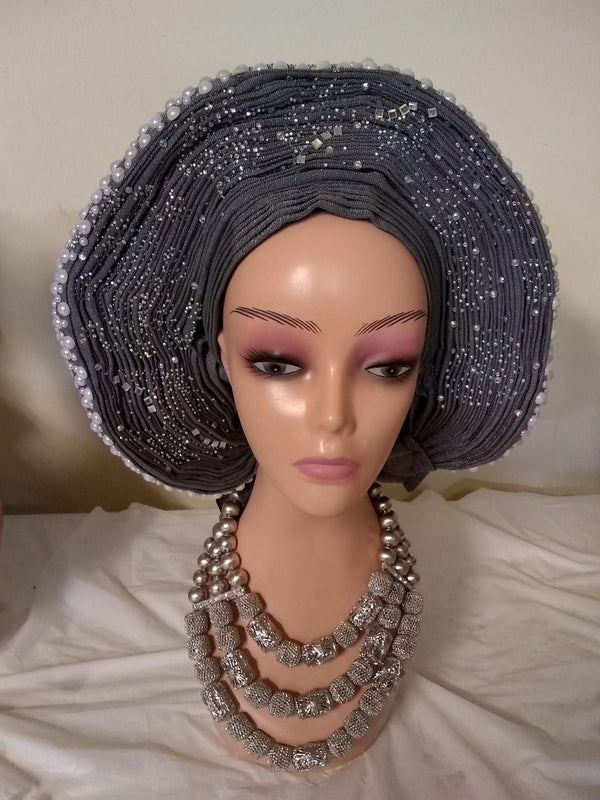 Big Ladies Auto Gele with full Pearls & Stone - Ladybee Swiss Lace
